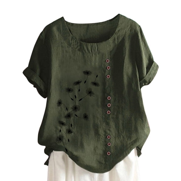 Kezqiaxn Women's Tops Summer Short Sleeve Crew Neck Button Up Shirt Blouses Ladies Basic Tunic Plus Size Clothes for Women