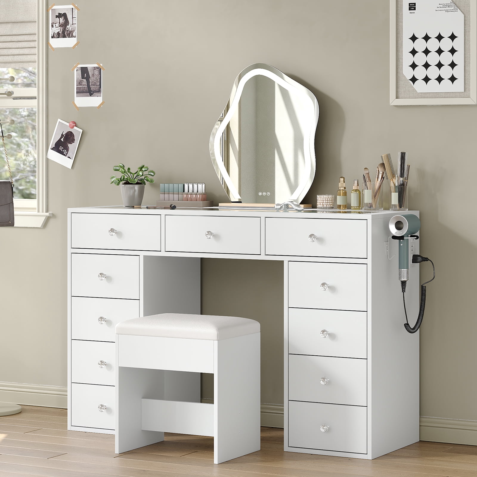 Vanity Desk Without Mirror, Makeup Vanity with 11 Drawers and Charging Station, White Vanity with Storage for Bedroom, Home Office Computer Desk for Bedroom, White