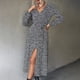 thumbnail image 5 of Moda mujer cuello en V impresión manga larga cordón Slim Fit Split dobladillo vestido Pompotops hdfakjf6894, 5 of 9