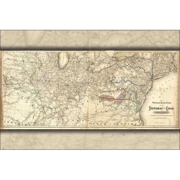 24"x36" Gallery Poster, Map projected route potomac Ohio Railroad 1874