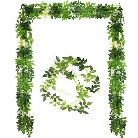 Faux Holiday Garland 4 Pcs-26ft Artificial Silk Wisteria Flowers Hanging Vine Faux Fake Plants Flowers Hanging Vine Artificial Ivy Leaves Garland Ratta Green Leaf Ivy Garland Decor for Kitchen Wedding Home Party(White) ()
