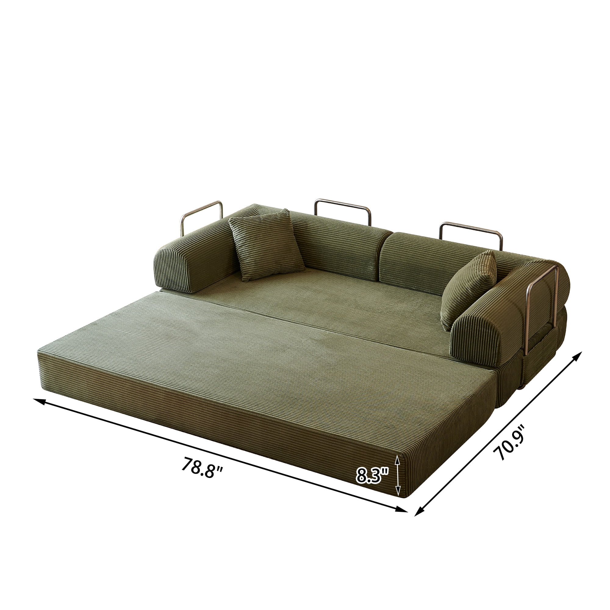 Howcool 79" Boneless Sleeper Sofa Bed, 2-in-1 Pull Out Convertible Loveseat Couch with 2 Throw Pillows, Corduroy Futon Floor Sofa for Living Room, No Assembly Required, Green