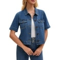 thumbnail image 4 of INSPIRE CHIC Women's Jean Jacket Crop Button Down with Pockets Casual Short Sleeve Denim Shirt M Blue, 4 of 6