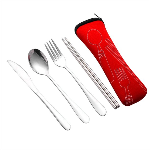 Juego de 4 Piezas de Vajilla Portátil de Acero Inoxidable, Cuchara, Tenedor, Cuchillo para Carne, Cubiertos de Viaje, Vajilla con Bolsa Roja