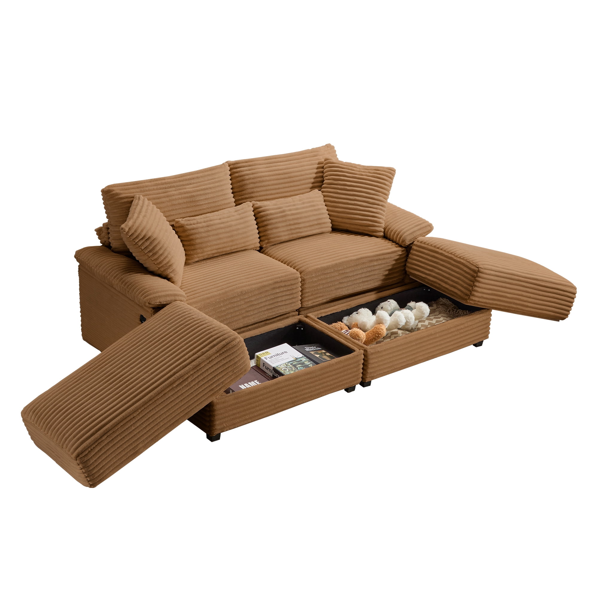 Alvantor 74" Sofa Loveseat with Reversible Ottoman & USB Port Corduroy Chaise Couch for Living Room Brown