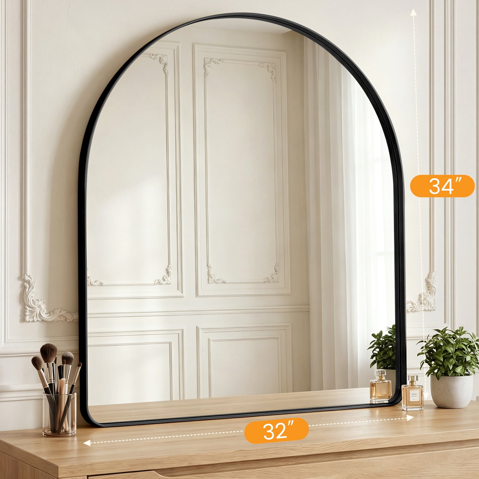 GIANNA 32"x34" Arch Top Straight Bottom Bathroom Mirror – Rectangular Metal Frame with Groove Accents, Wall-Mounted Vanity Mirror, Black
