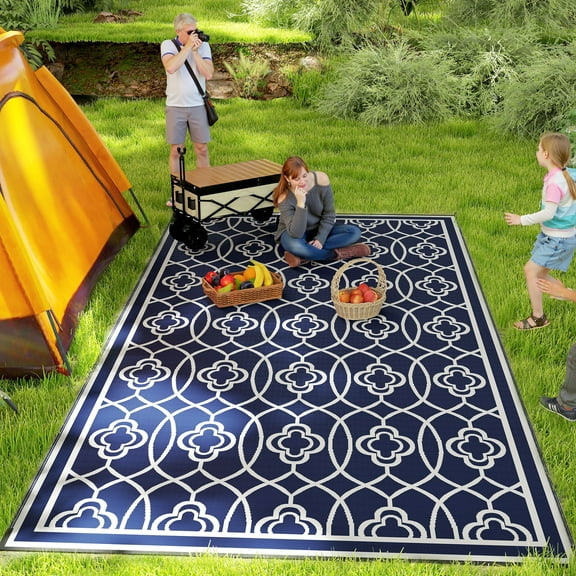 Outsunny Outdoor Patio Rug, Large Camping Carpet with Carrying Bag, 9' x 18' Waterproof Plastic Straw, Reversible, Blue & White Lantern