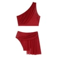 thumbnail image 5 of Yartina Women 2Pcs Shiny Lyrical Dance Outfit One Shoulder Crop Top with Skirt for Stage Performance Burgundy XXL, 5 of 7
