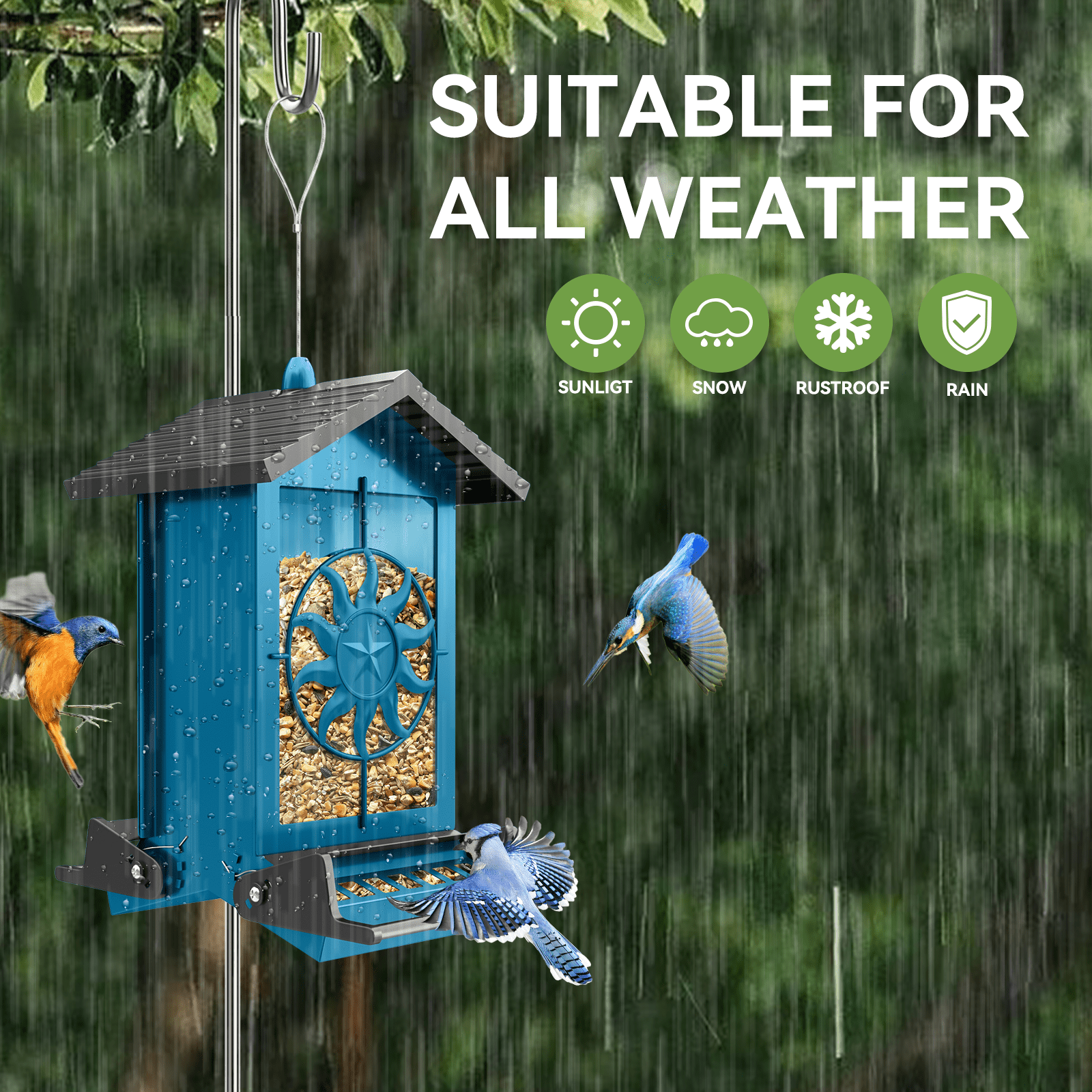 Squirrel Proof Bird Feeder for Outdoors Hanging, Metal Wild Bird Seed Feeder with Bilateral Weight-Activated Perches, 5LB Large Capacity Wild Bird Feeders for Outside Finch, Cardinal, Blue Jay