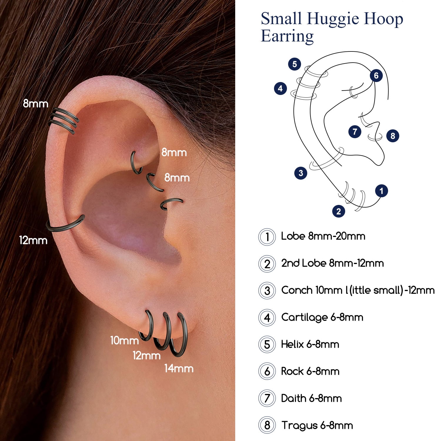 Suplight Silver Hoop Earrings for Women Men 8/10/12/14/16/18/20MM Small Huggie Hypoallergenic Nickel Free Christmas Jewelry Gift
