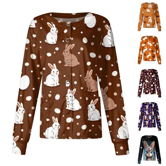 Fabrcox S-5XL Bunny Rabbit Scrub Jackets for Women Plus Size Long Sleeve Snap Front Womens Scrub Tops Easter Animals Pattern Nurses Working Uniforms with Pocket