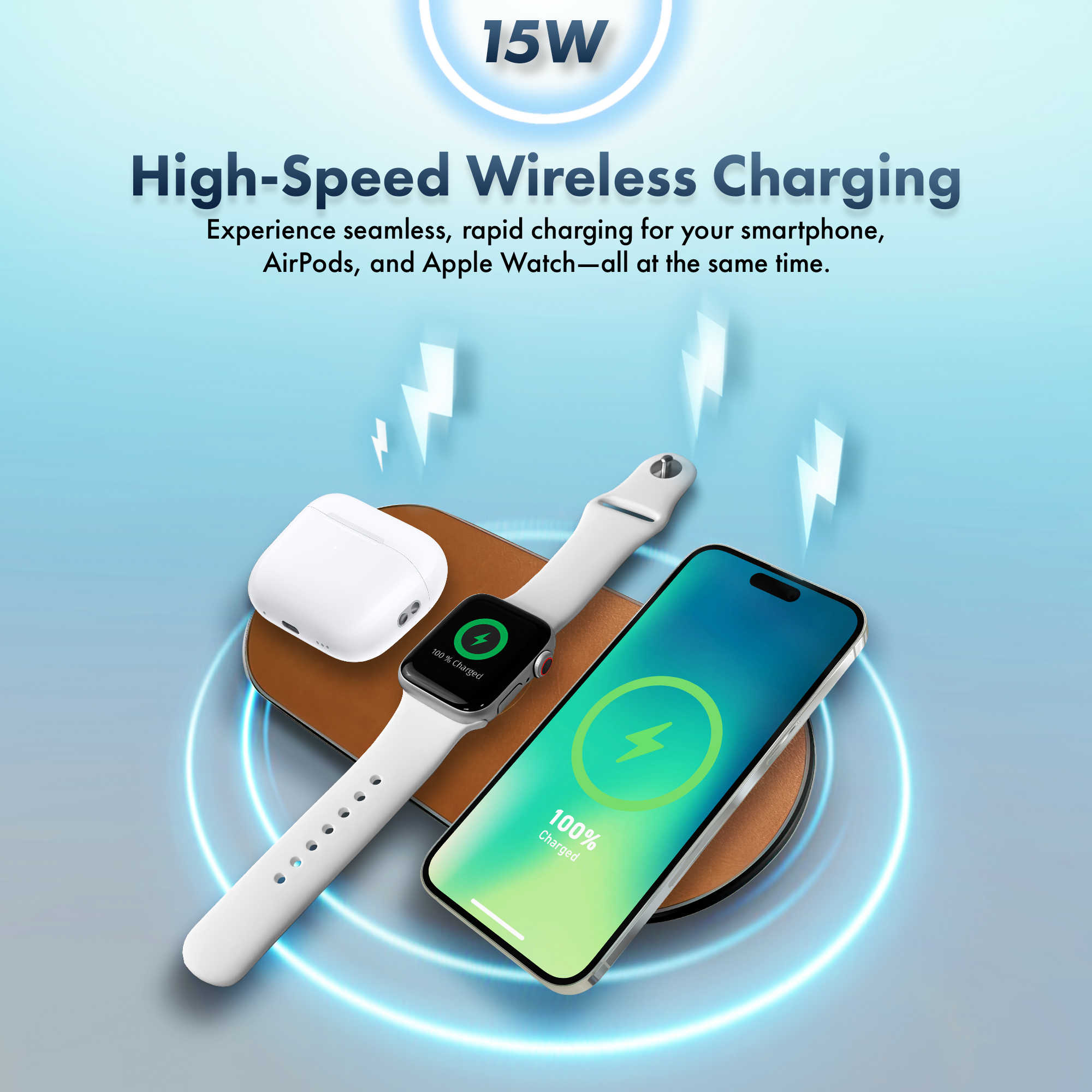 MVMT 15W Wireless Charging Pad Premium Vegan Leather 3-in-1 Fast Charger for Phone, AirPods & Apple Watch