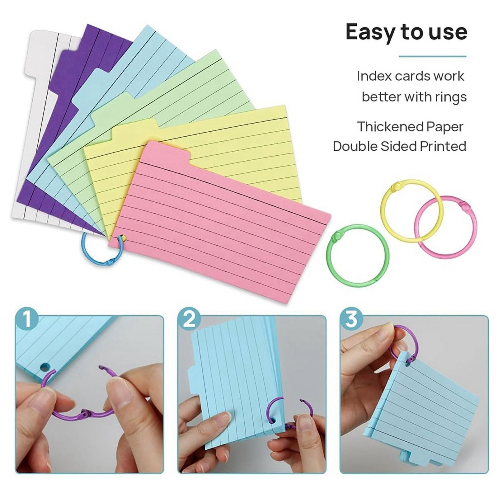 900 Pack Index Cards, 3inch X 5inch Ruled Index Cards with Ring, Colored Lined Flash Cards, Both Sides Note Cards