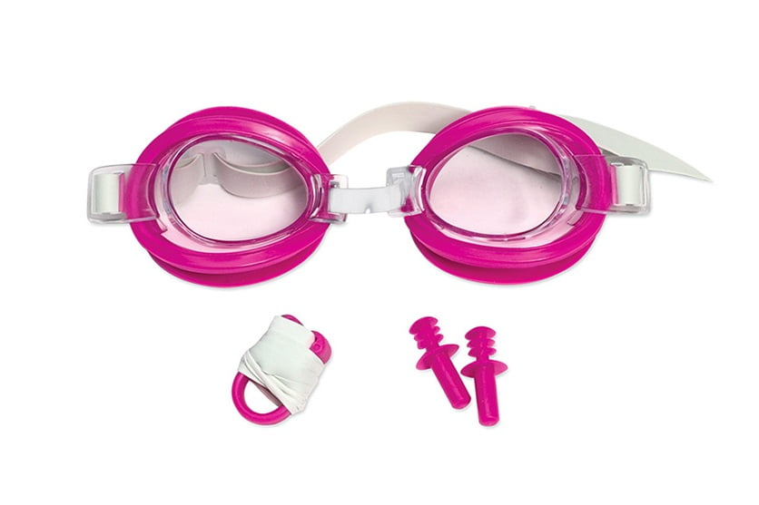 6" Pink Goggles, Ear Plug and Nose Clip Swimming Pool Accessory Combo