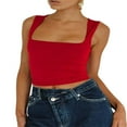 thumbnail image 1 of Women Basic Square Neck Cropped Tank Top Y2k Casual Sleeveless Slim Stretchy Skinny Tee Shirts Red S, 1 of 7