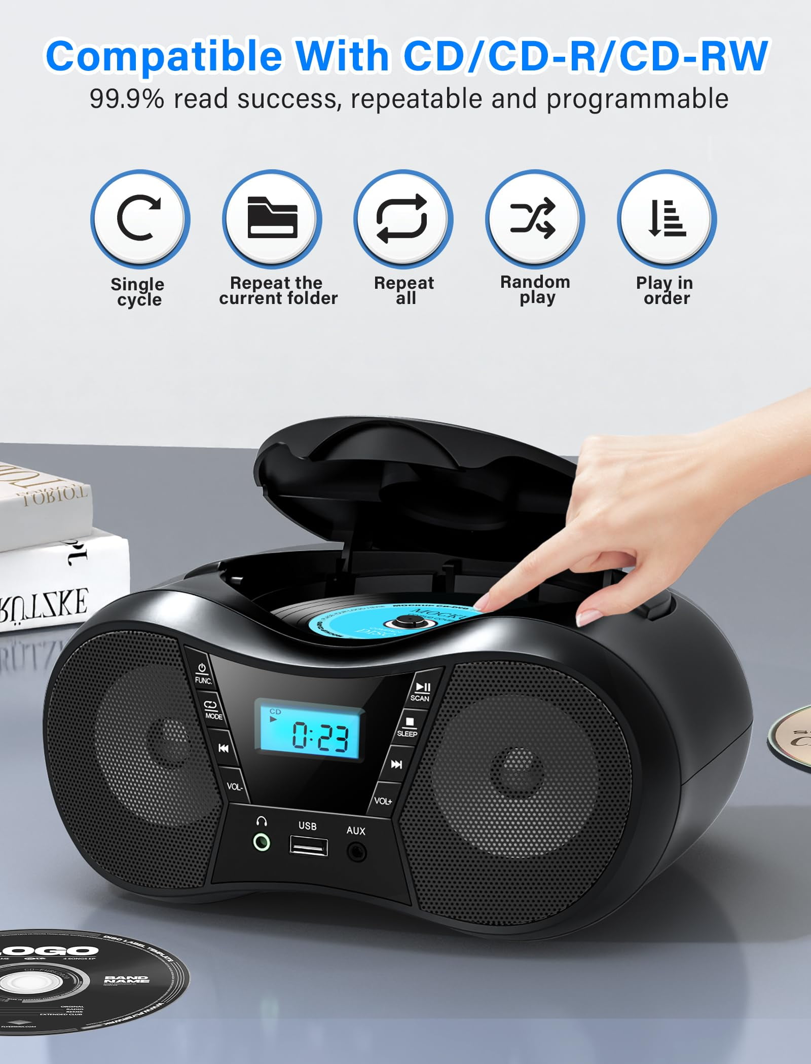 Greadio Portable CD Player Boombox with Bluetooth 5.1, FM Radio,Stereo Sound ,USB/AUX Input,AC/Battery Powered,CD/CD-R/CD-RW Compatible,3.5mm Headphone Jack,Sleep Timer for Home,Seniors,Kids