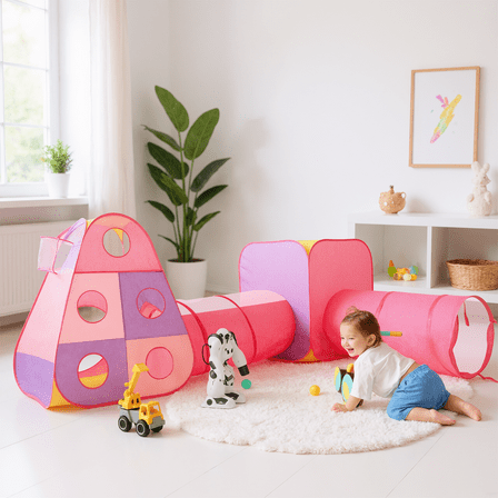 Eurhowing 4-in-1 Kids Play Tent with Tunnels, Foldable Pop-Up Indoor Outdoor Playhouse for Children, Easy Setup Playroom with Ball Pit, Gift for Boys & Girls
