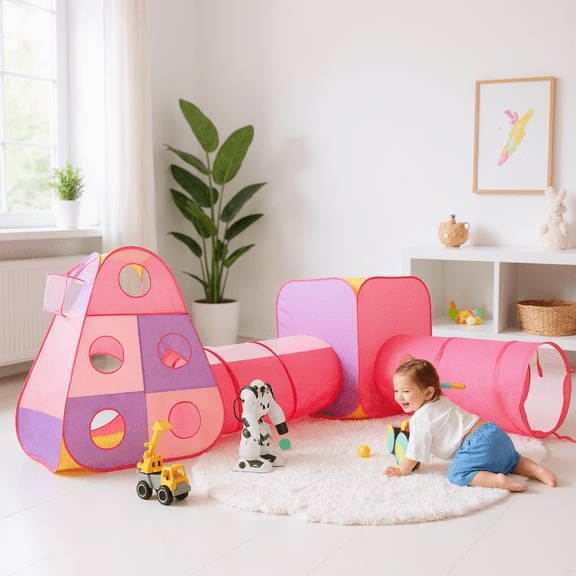 Eurhowing 4-in-1 Kids Play Tent with Tunnels, Foldable Pop-Up Indoor Outdoor Playhouse for Children, Easy Setup Playroom with Ball Pit, Gift for Boys & Girls