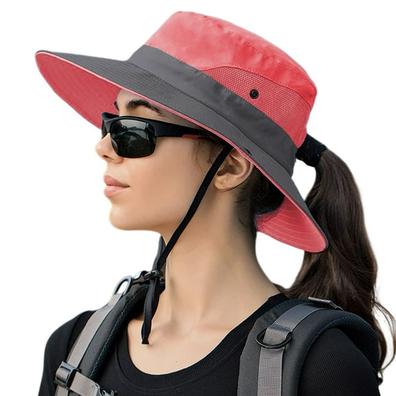 Women's Sun Hats with Ponytail,Outdoor UV Protection Foldable Ponytail Bucket Hat,Mesh & Wide Brim Hat with Ponytail,Gray/Pink/Red
