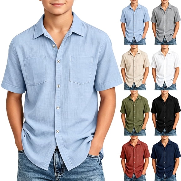 Abtuhar Kids Boys 5-15 Years Summer Tops Solid Short Sleeve Turndown Collar Breathable Soft Casual Blouses Shirts