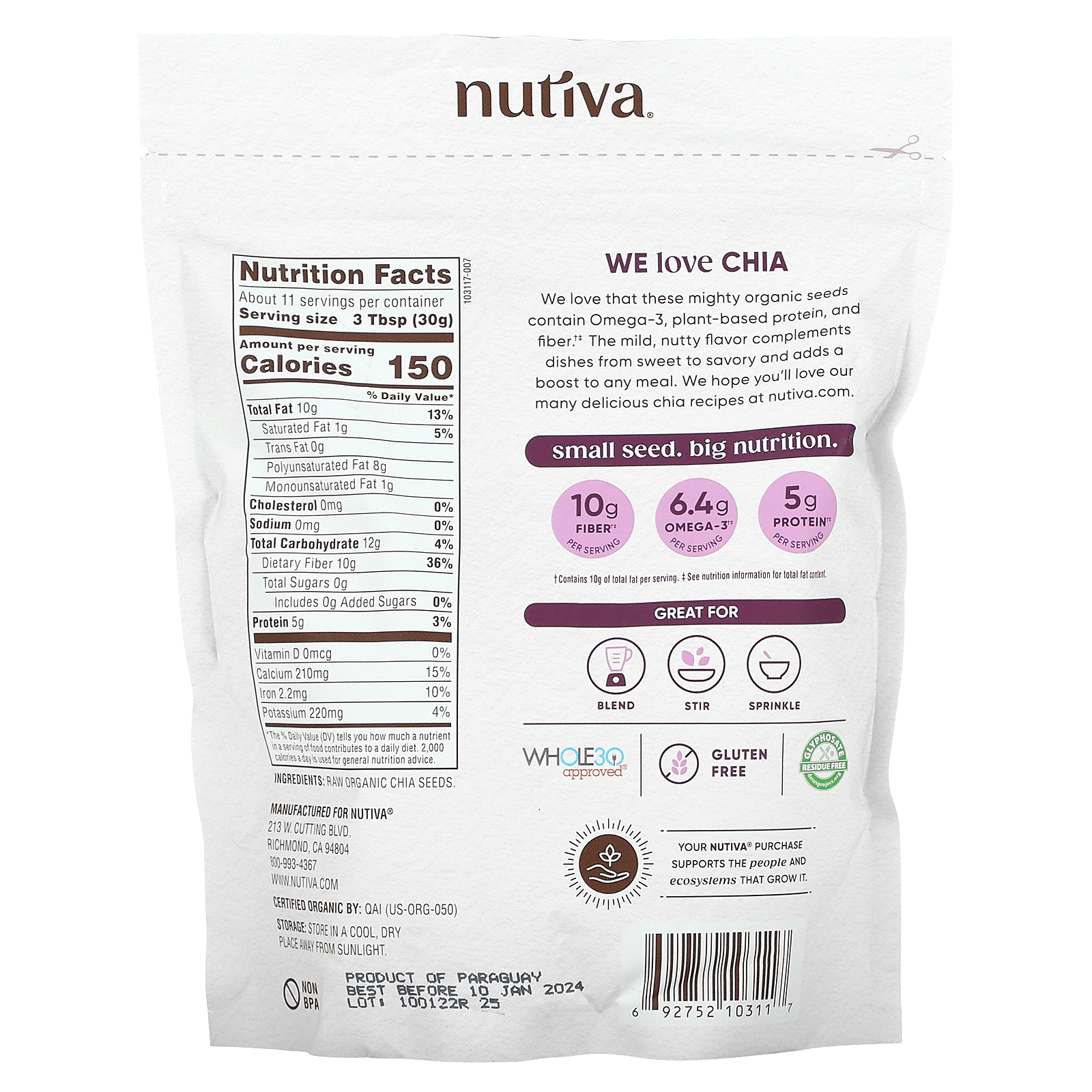 Nutiva Organic Chia Seed Black 12 oz Pack of 4