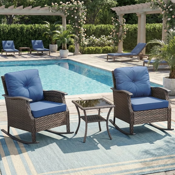 Opohoro 3 PCS Outdoor Glider Chair Set with Square Side Table, Brown PE Rattan Patio Rockers with Steel Armrest Blue Cushions for Porch or Backyard