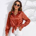 thumbnail image 2 of Hauts de Printemps pour Femmes Imprimé Léopard Couleur Satin Imitation Soie Drapé Chemises à Manches Longues pour Femmes Marron m, 2 of 4