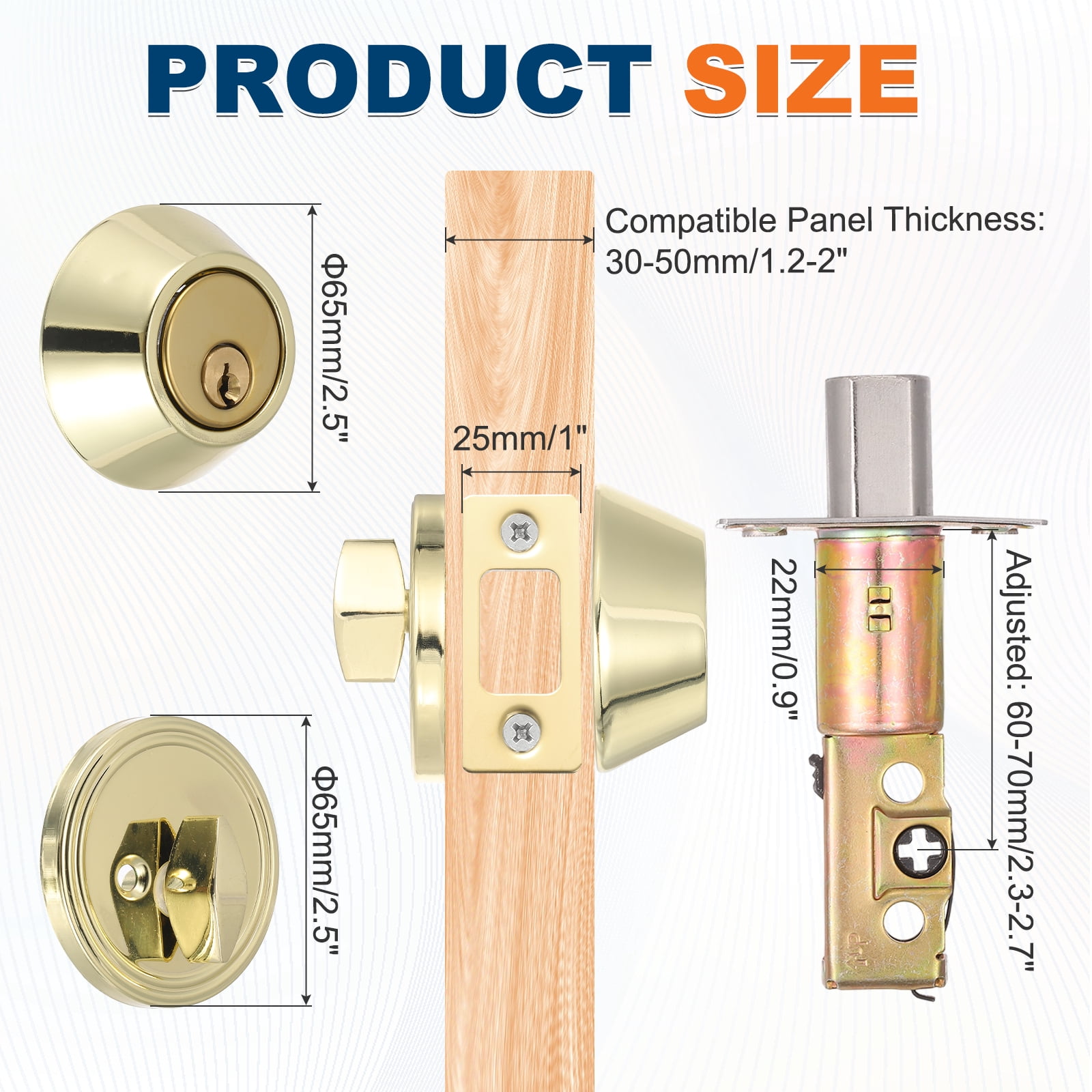 Uxcell Door Lock Set with Single Cylinder Deadbolt (2 Inch, Gold) (1 Set), Round Ball Exterior and Interior Door Knobs, Suit for - Bedroom/Bathroom/Office, Keyed Alike