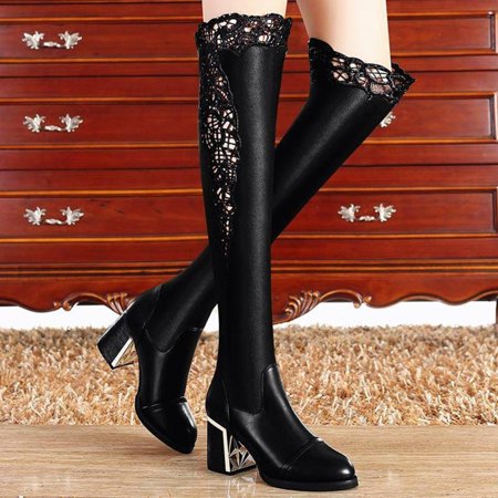

Tdoqot Womens Faux Fur Boots- Warm Chunky Heel Christmas Gifts High-Heels Women s Knee High Boots Black 39