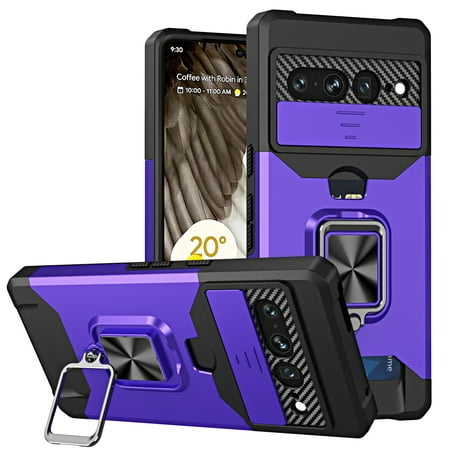 Google Pixel 7 Pro Case with Camera Cover, Dteck Heavy Duty Protective Pixel 7 Pro Case with Card Holder Magnetic Kickstand Case for Google Pixel 7 Pro, Purple
