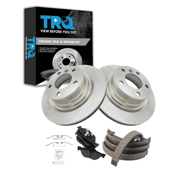 TRQ Rear Brake Pad & Rotor Kit Brake Pads Brake Rotor Parking Brake Shoe Set Ceramic Fits Select 2009-2013 BMW 128i