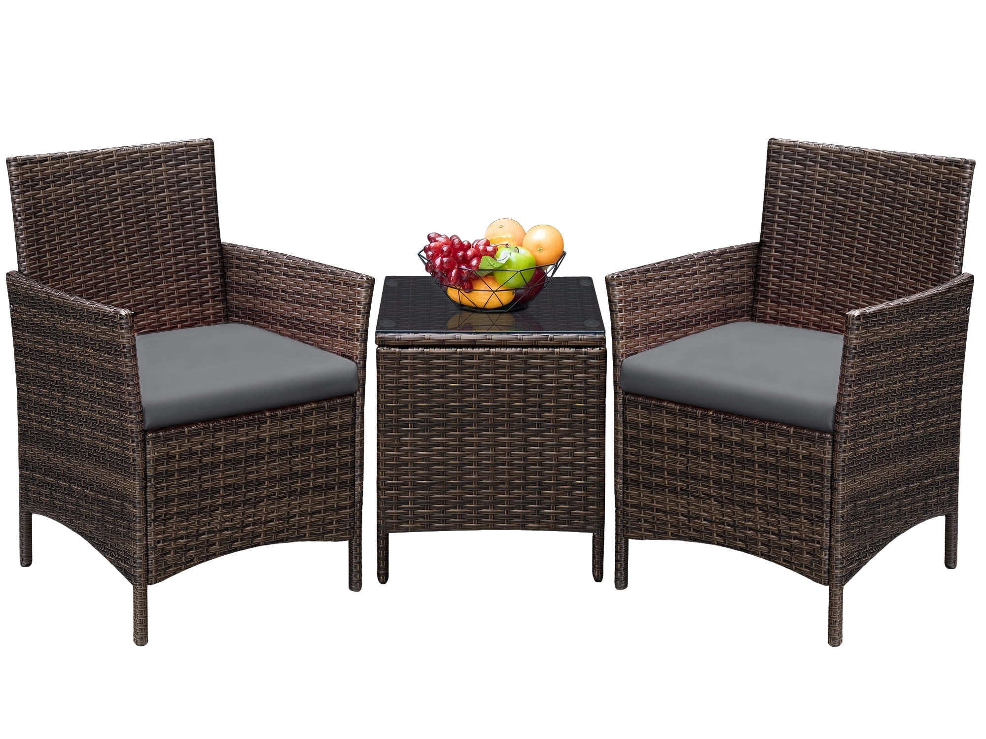 Devoko 3 Pieces Patio Furniture Set Outdoor Conversation Set Wicker Bistro Chairs Set of 2 with Coffee Table for Porch Backyard Balcony,, Brown/Gray