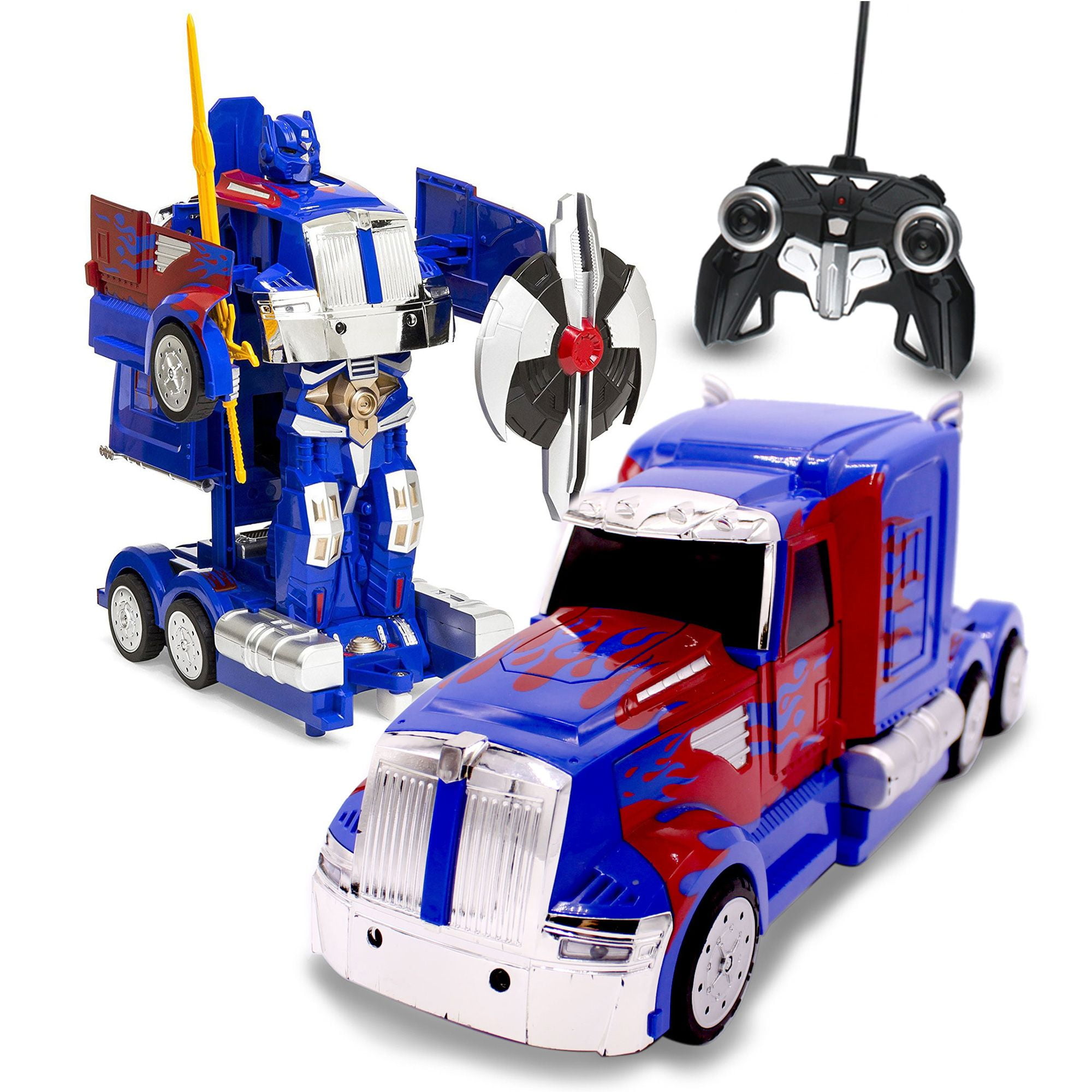 Family Smiles Kids Optimus Prime Blue Truck 1:14 Scale RC Toy Transforming Robot Truck for Boys