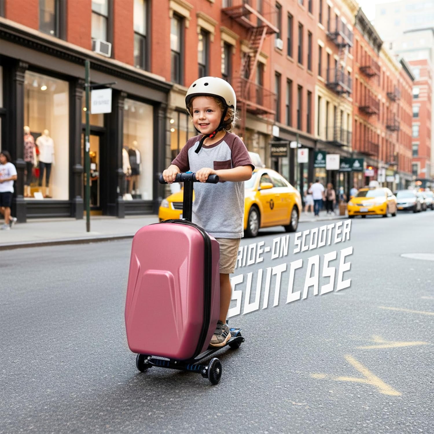 20" Hardshell Scooter Suitcase for Kid & Adult Foldable 2 in 1 Ride on Carry on Travel Trolley Scooter Luggage With Wheels Pink