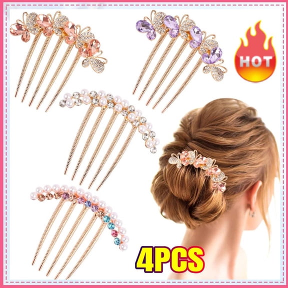 4 PCS Pearl Rhinestones Hair Accessories - Crystals Butterfly Hair Fork Clips for Updo Buns, Decorative French Twist Hair Pins, Vintage Styling Combs for Women