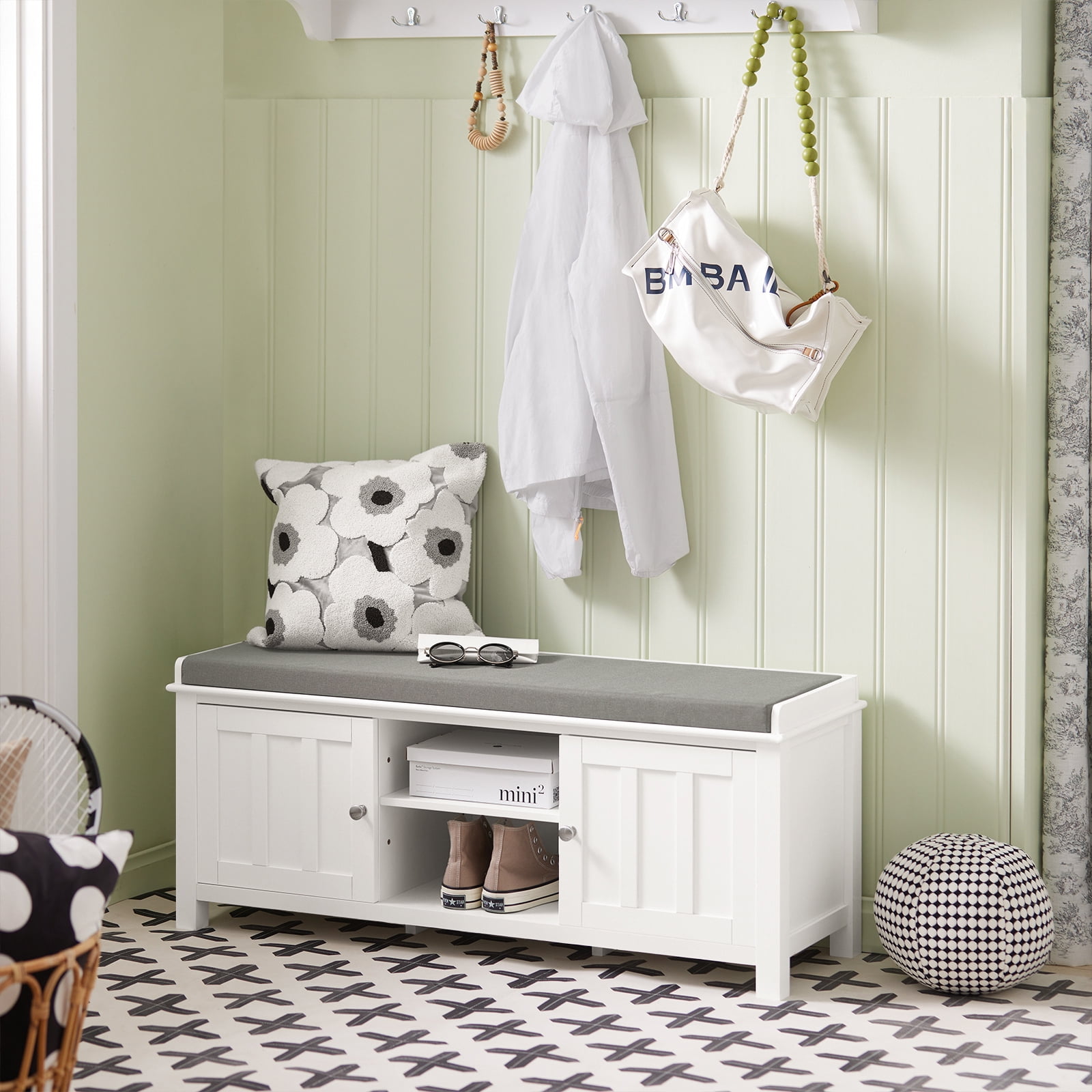 SoBuy FSR35 W White Storage Bench with 2 Doors Removable Seat Cushion Shoe Cabinet Shoe Bench Walmart