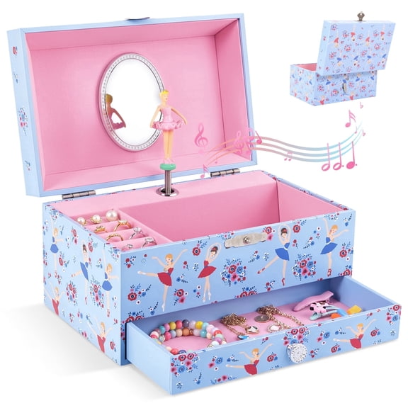 7*4.4*3.7in Musical Jewelry Box with Pull out Drawer,Music Jewelry Box with Rotating Ballerina Ballet Musical Jewellery Box Music Box Birthday Present,Blue