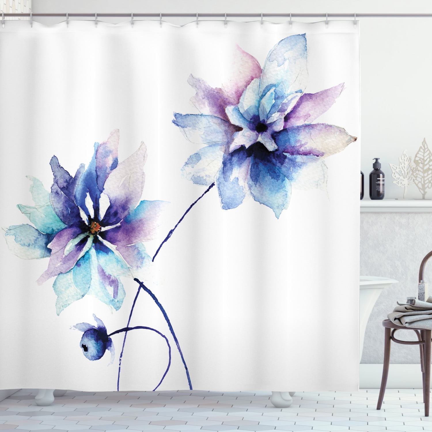 Purple Delicate Flower Art Fabric SHOWER CURTAIN 70" w/Hooks White Floral 