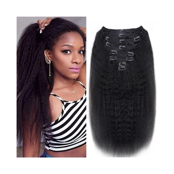 Kinky Straight Clip in Hair Extensions Real Human Hair Natural Black Double Weft Clip ins