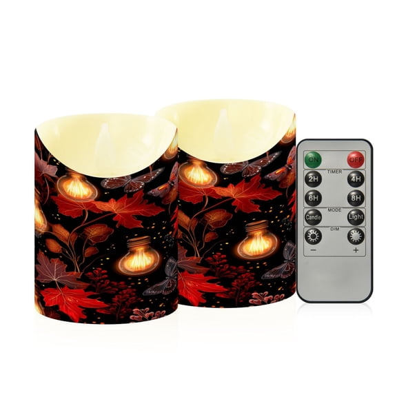 2 PCS Tilted Flameless Candles Flickering LED Lights Battery Operated Candles with Remote Timers for Holiday Decor Light Bulbs and Maple Leaves