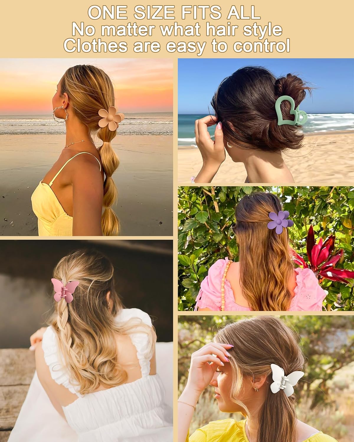 6 PCS Hair Clips - Matte Flower, Heart, Butterfly Hair Claw Clips for Women Girls - Non-Slip and Strong Hold Claw Clips for Thin/Medium/Thick Hair