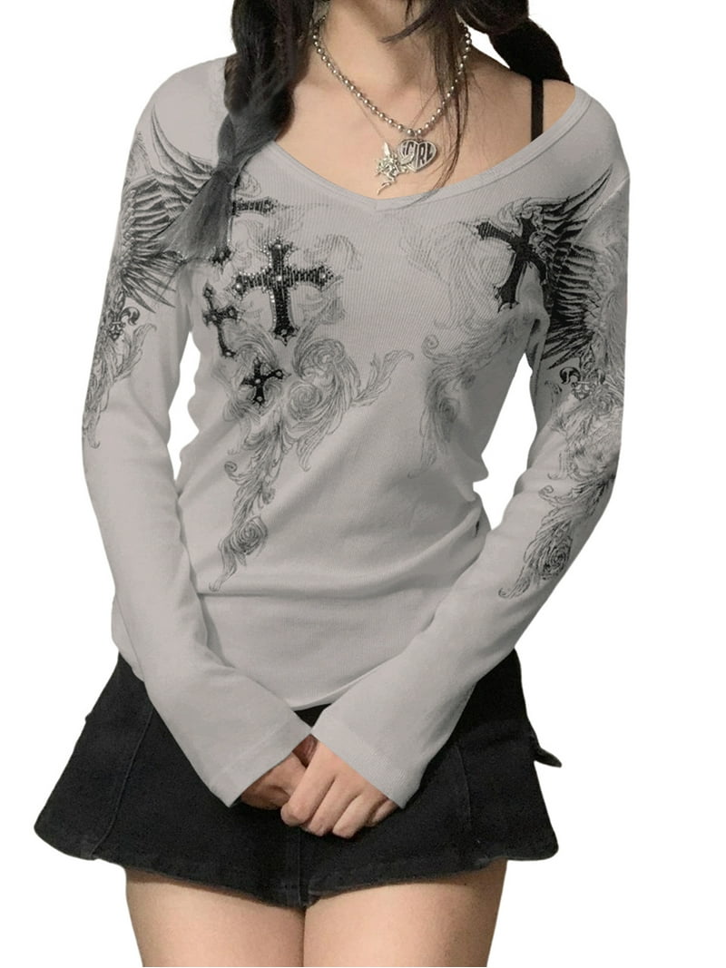 トップス 00s unknown l/s design cross wing grunge Cross Wing Grunge Cyber Y2K Style T-shirt - Etsy
