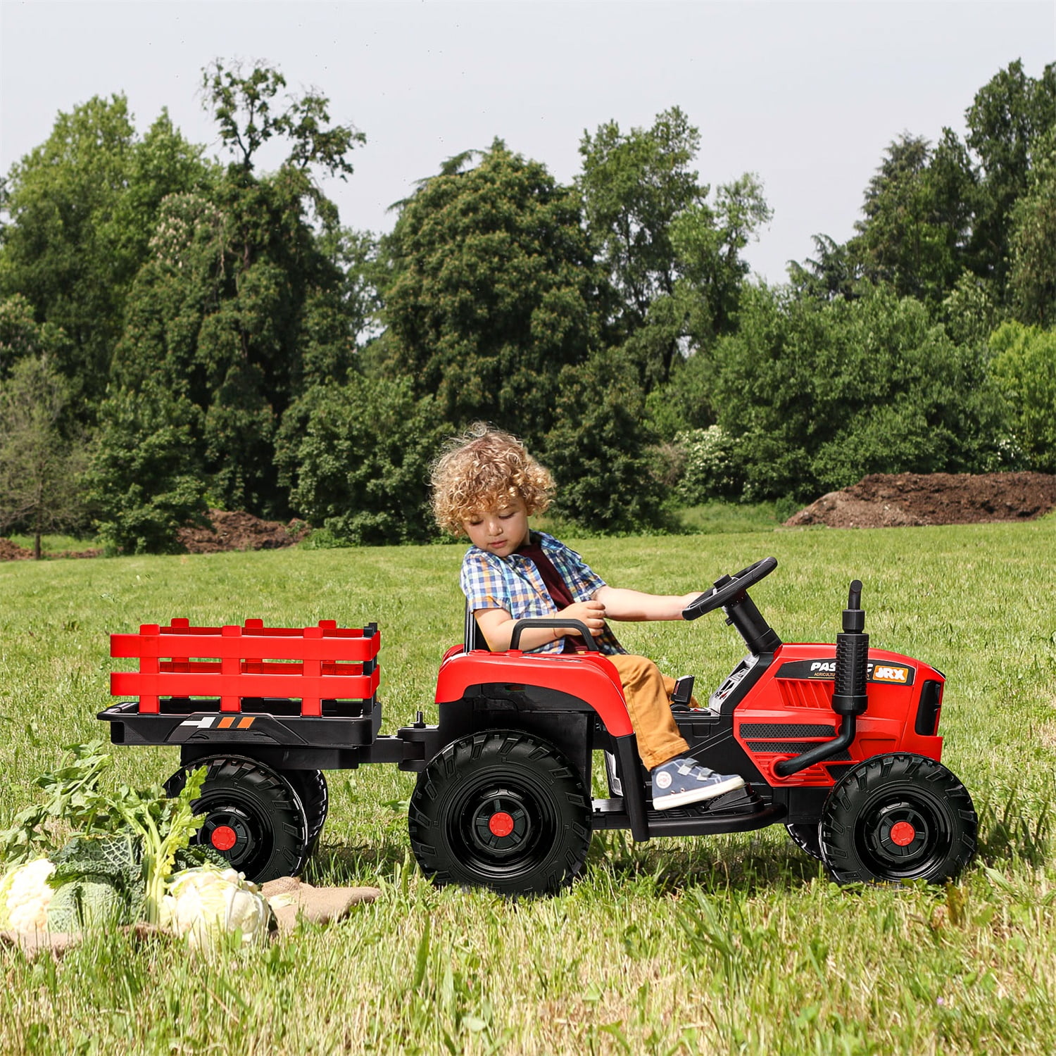 CIPACHO 12V Ride On Tractor with Trailer, Electric Kids Car with 2.4RC, 3 Speed Adjustable, USB, MP3, Power Display, 2 Point Safety Belt, Red CIPACHO 12V Ride On Tractor with Trailer, Electric Kids Car with 2.4RC, 3 Speed Adjustable, USB, MP3, Power Display, 2 Point Safety Belt, Red