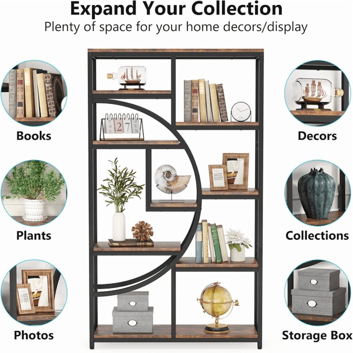 9-Tier Etagere Bookcase, Black Metal Frame with Rustic Brown Boards, Half-Moon Silhouette, Industrial Style for Living Room/Home Office