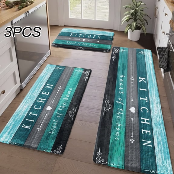 3PCS Kitchen Rugs, Welcome Door Mat set, Home Decoration for Front Door, Kitchen, Bathroom, Kitchen Heart Of The Home Pattern With Teal And Black Stripes Dining Mat, Great Gift for Woman.