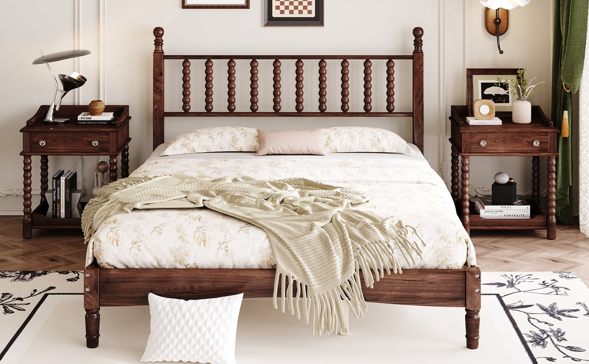 Euroco Wood Retro Style Queen Size Platform Bed with Slats for Living Room, Walnut
