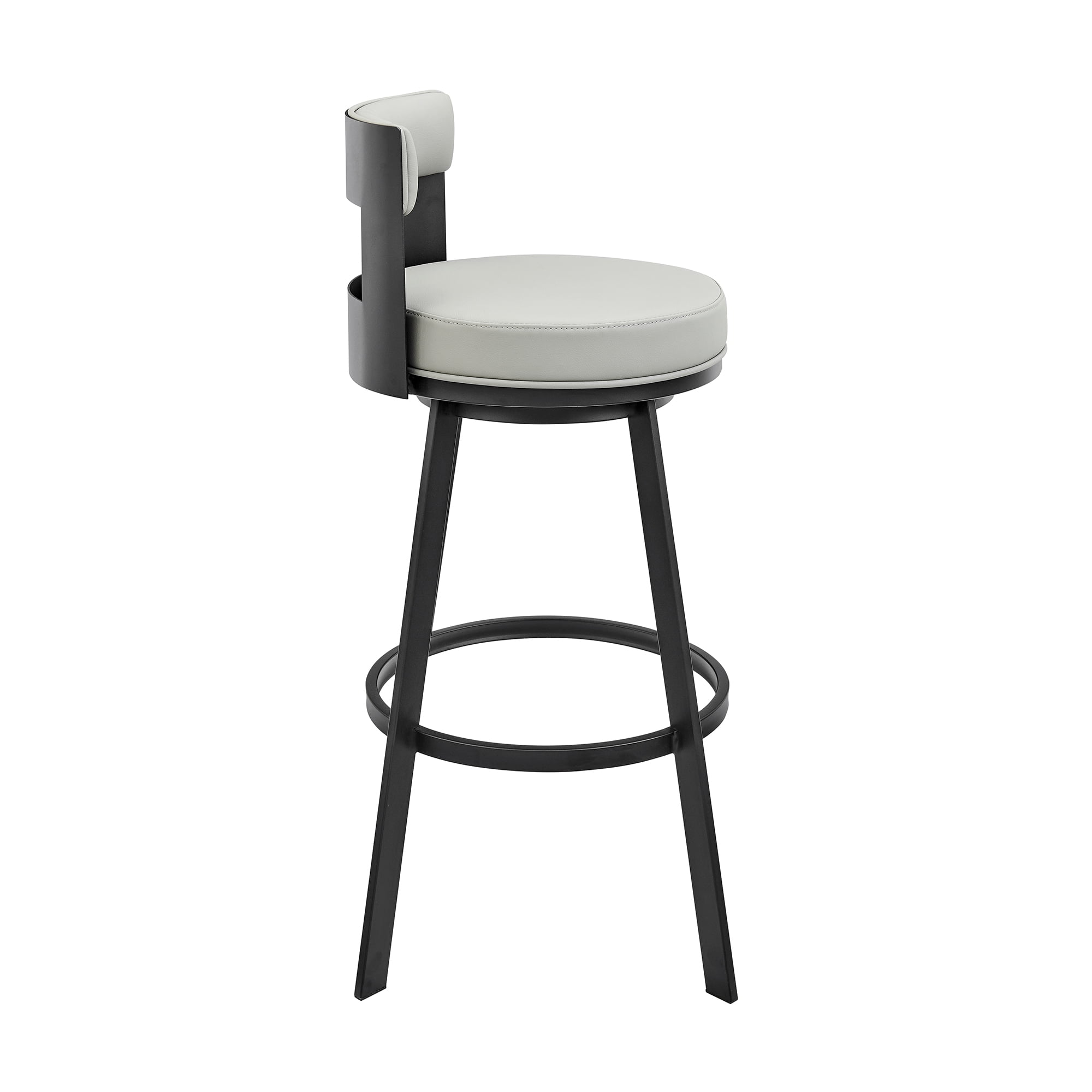 Armen Living Flynn26" Swivel Counter Stool in Black Metal with Light Gray Faux Leather