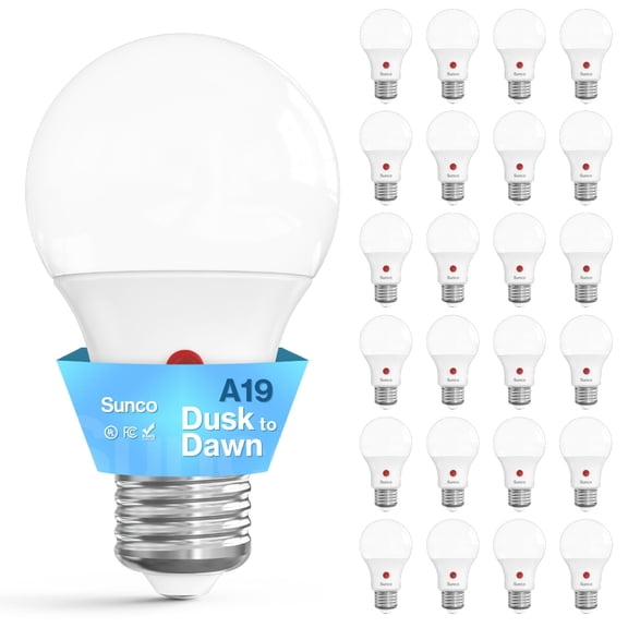 Sunco 24 Pack A19 LED Outdoor Light Bulbs, Dusk to Dawn, 4000K, 9W=60W