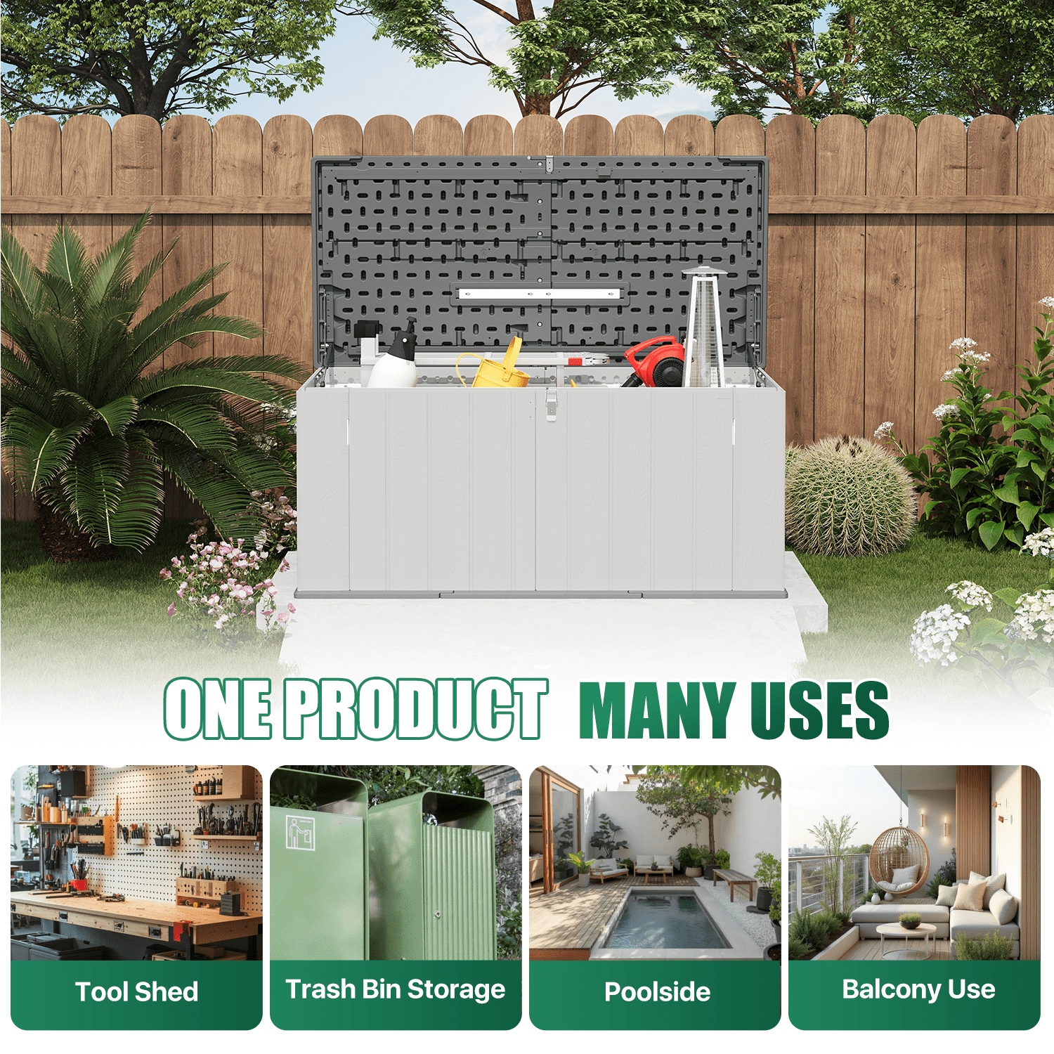 BaPiPro 120 Gallon Outdoor Patio Deck Box, Plastic Resin Storage Box for Garden Backyard Pool, Small Waterproof Storage Bins, 4.7'x2.2', Light Gray
