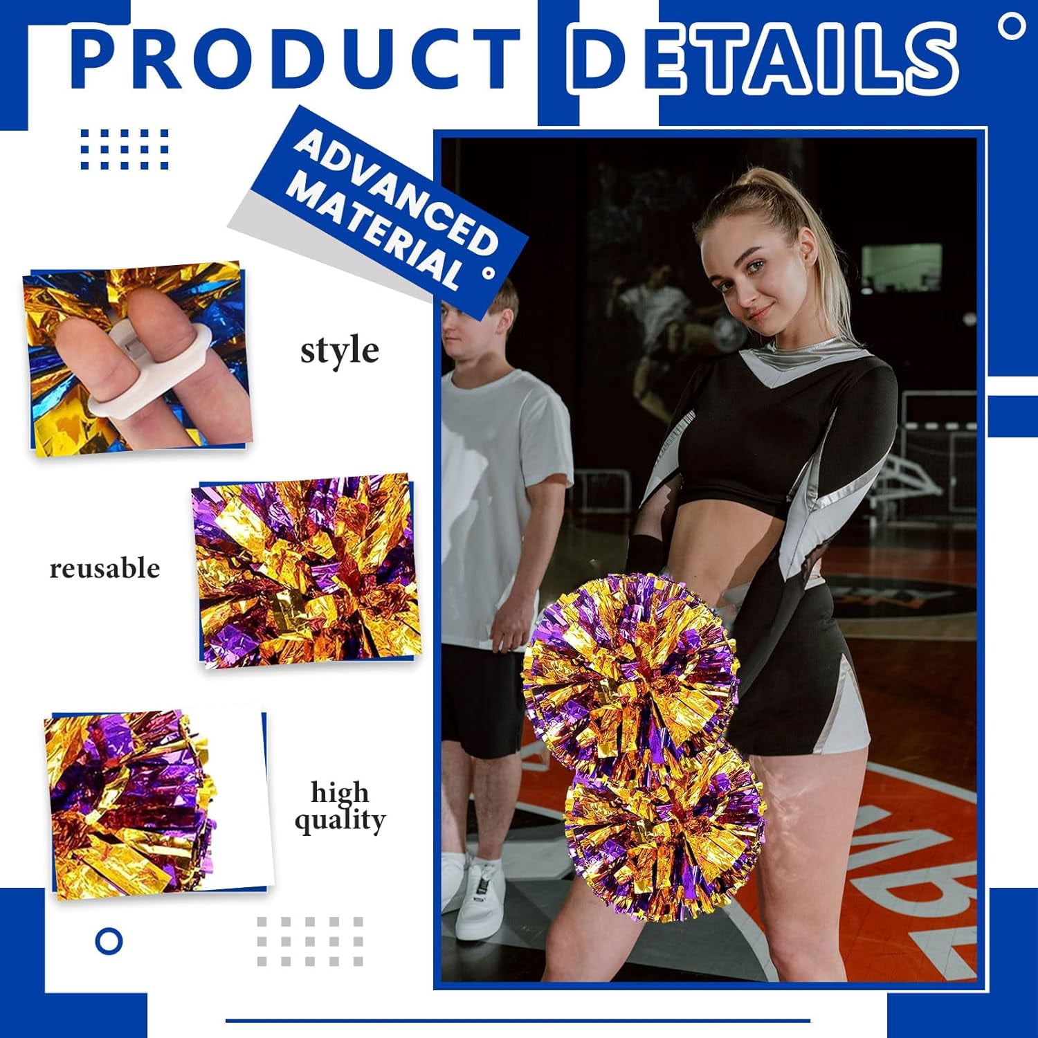 Cheerleader Pom Poms 12 Pack Sports Dance Cheering Plastic Metallic Cheerleading Pom Poms for Kids Adults-Ring Style